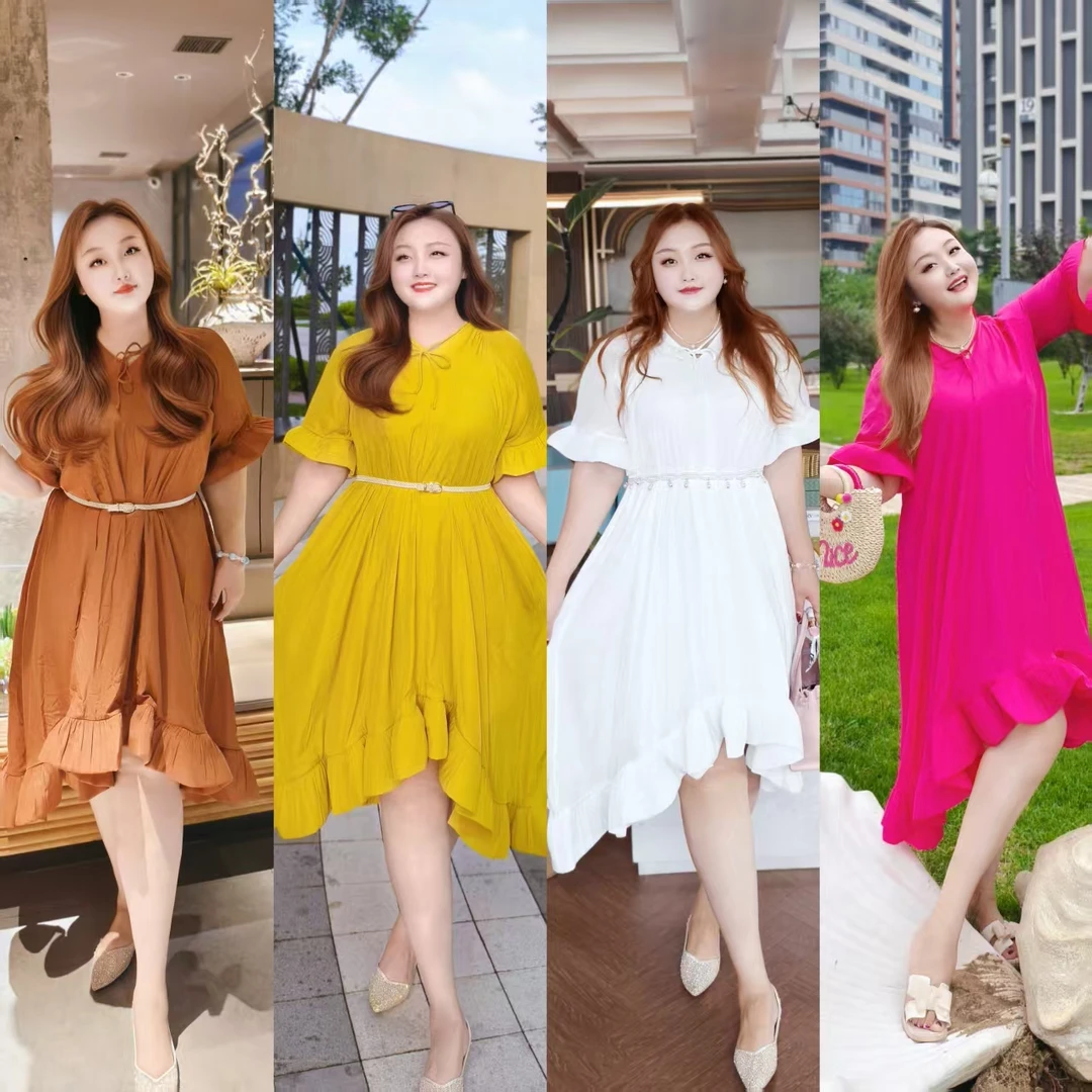 【巴黎时间】钻石家大码轻奢糖果色系前短后长连衣裙 DOP2595