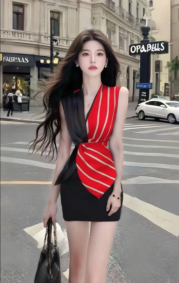 夏季新款轻奢优雅知性风红色V领修身收腰包臀连衣裙女高级氛围感