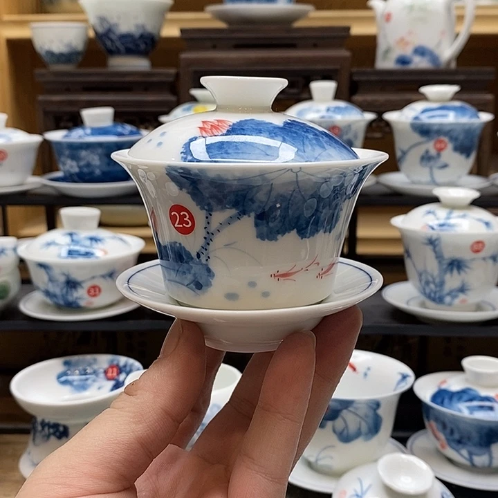 手绘微瑕荷花盖碗