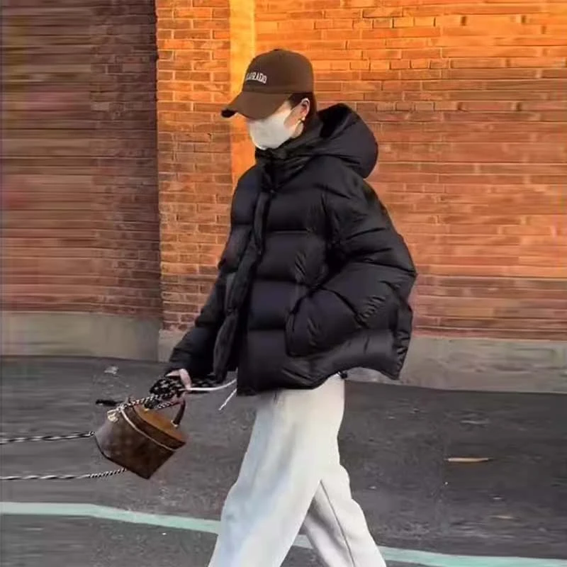 泡芙龟背黑色短款保暖棉服女2024冬季新款加厚连帽面包服夹棉外套