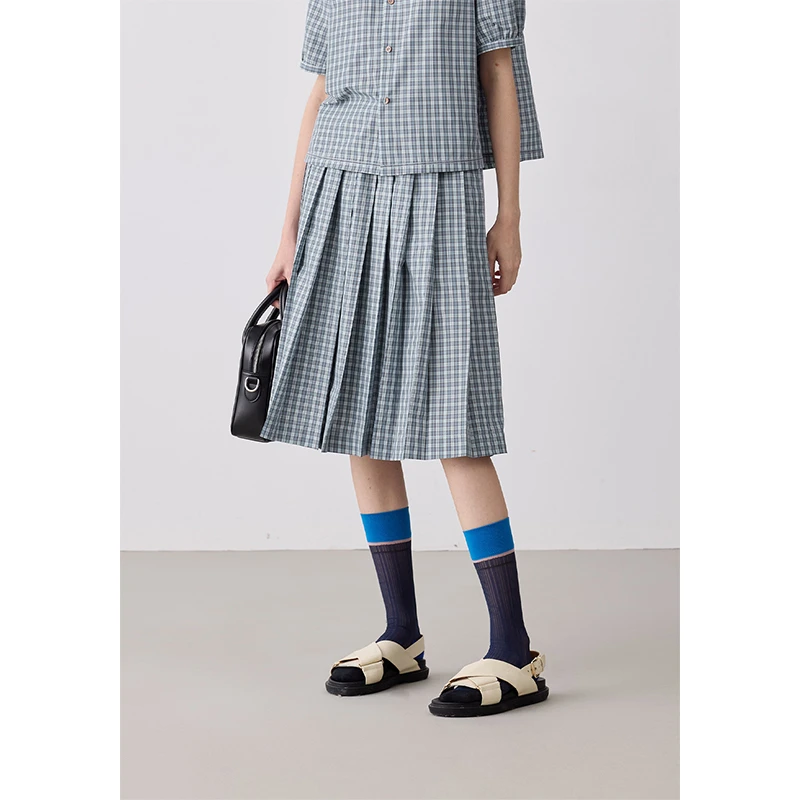 PLAIN PEOPLE学院轻通勤格纹A字百褶裙半身裙女2025春季新款