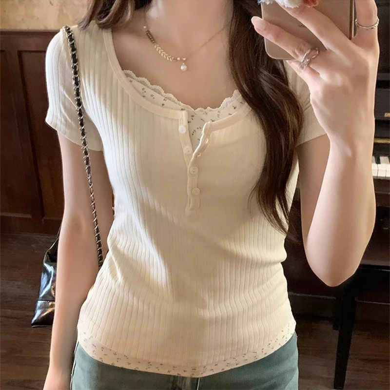 baby蓝假两件碎花短袖t恤女芭蕾风bm纯欲修身正肩短款甜辣妹上衣