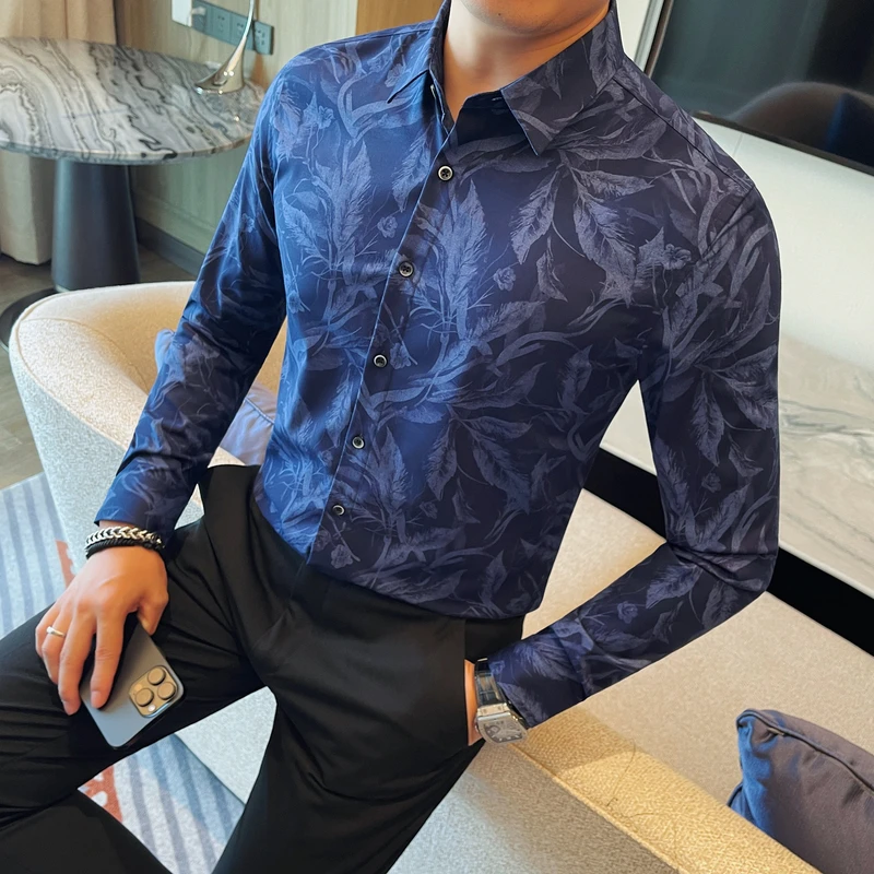 2025秋季新款男士印花长袖衬衫商务休闲潮流痞帅韩版修身花衬衣男