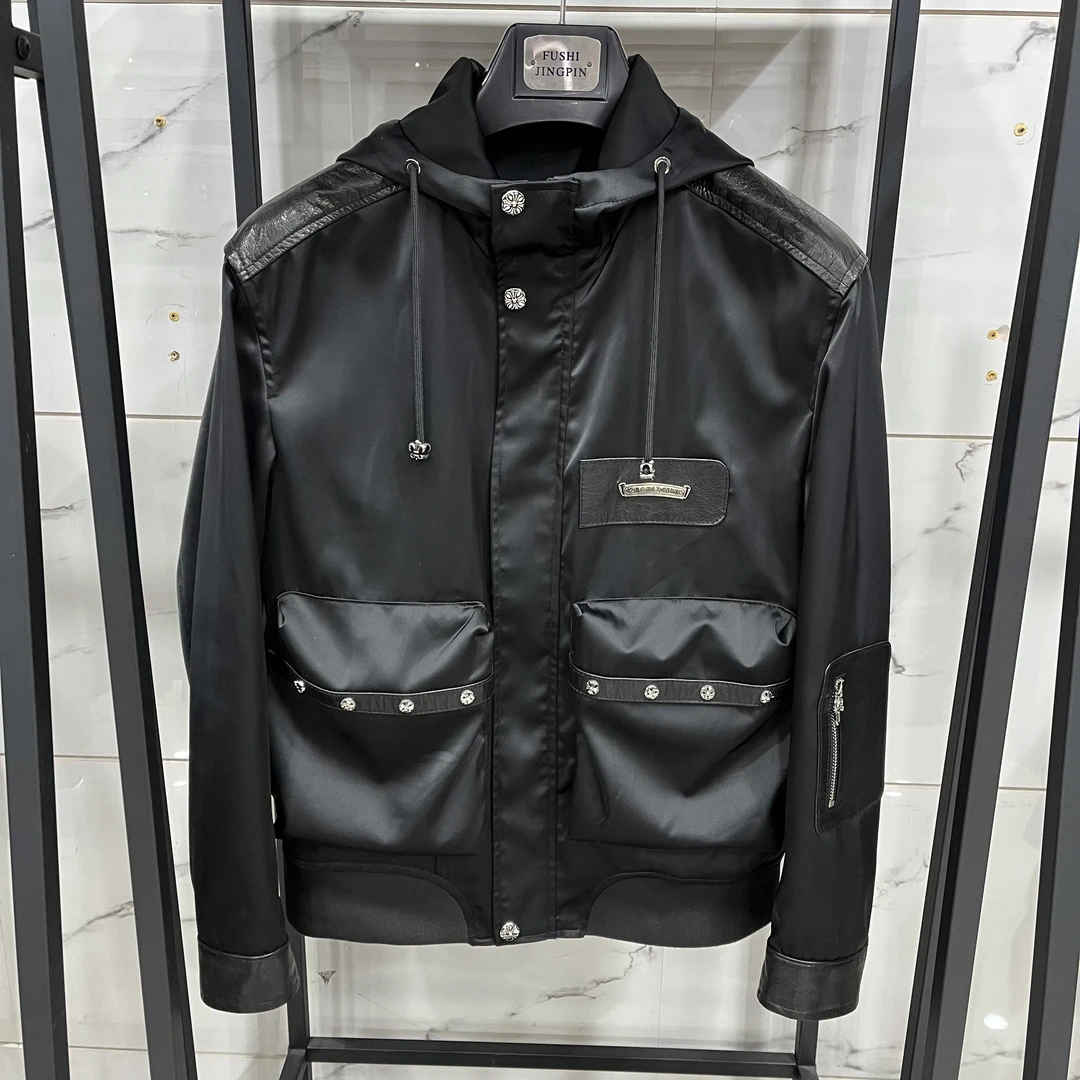 男士新款潮牌时尚醋酸面料配牛皮油蜡连帽刺绣真皮皮衣2507