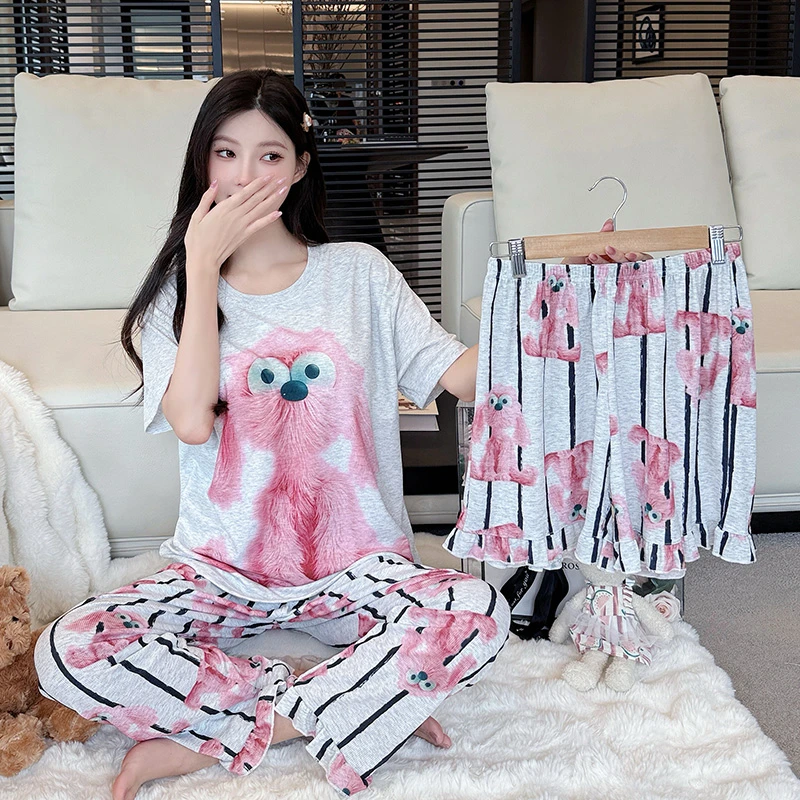 2025夏季新款可爱卡通风薄款短袖睡衣女士宽松大码家居服三件套装