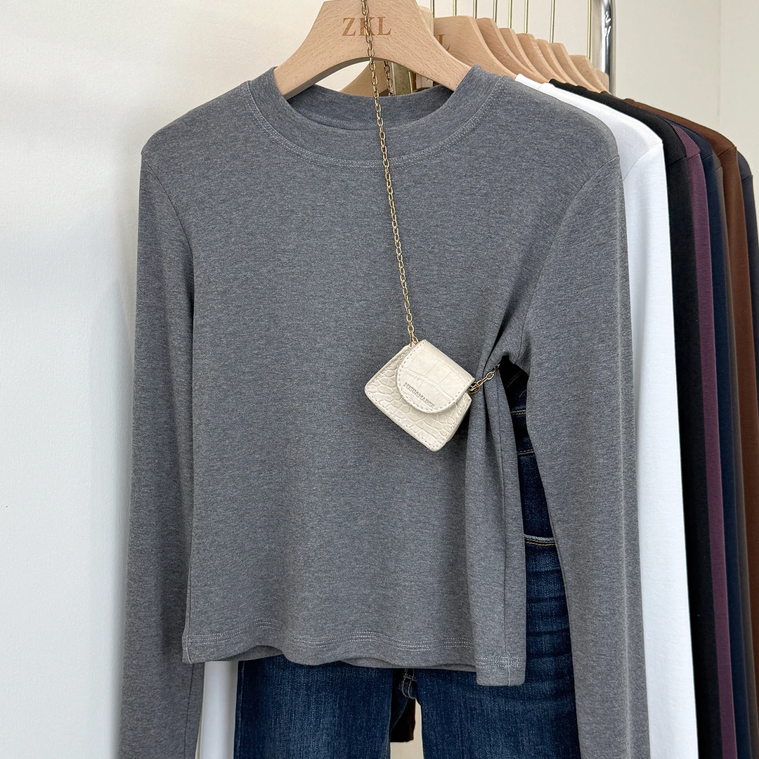 秋冬短款正肩长袖t恤女重工车线新款辣妹修身显瘦净色小衫上衣ins