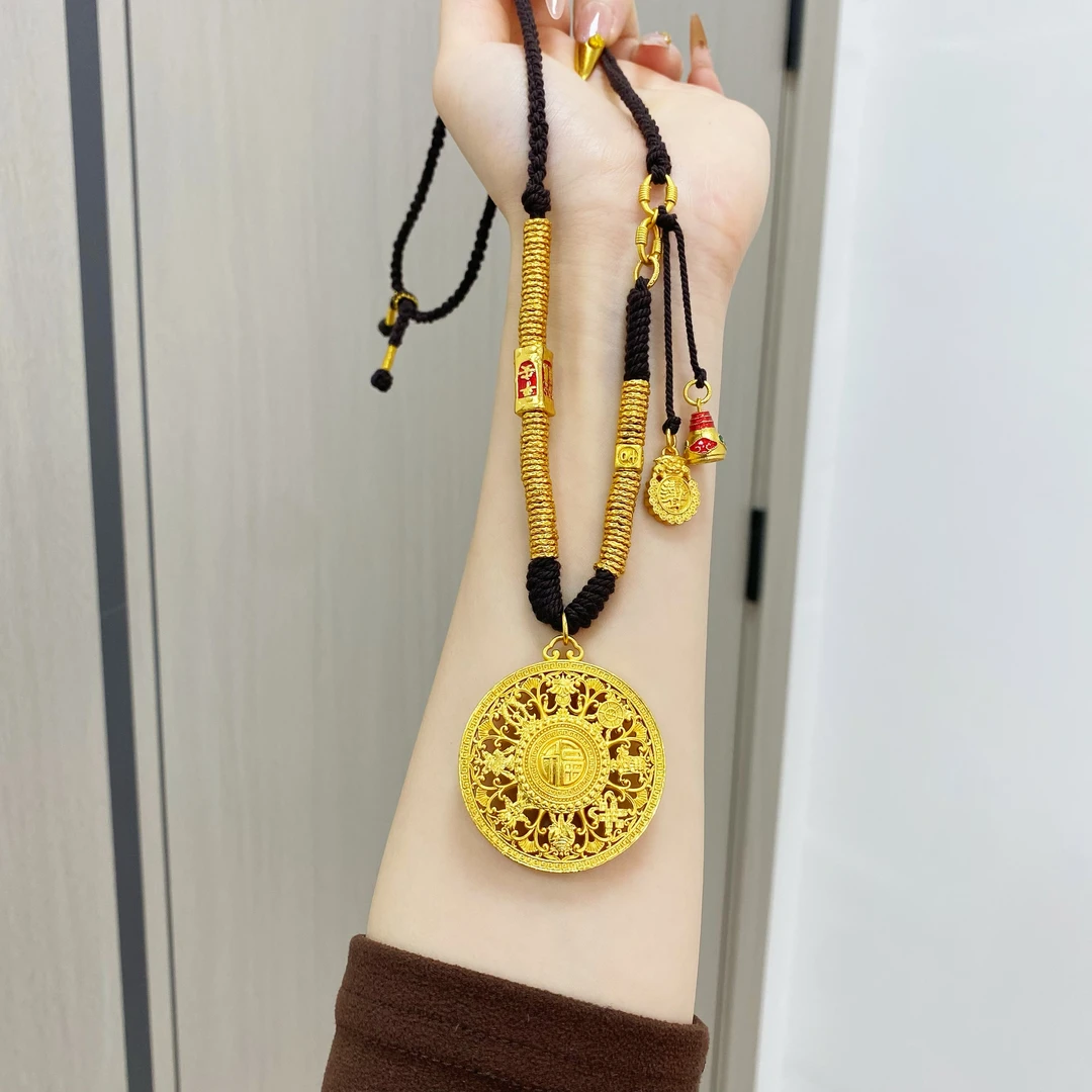 XL3655 平安盘缠提溜罗盘项链中式黑绳毛衣链