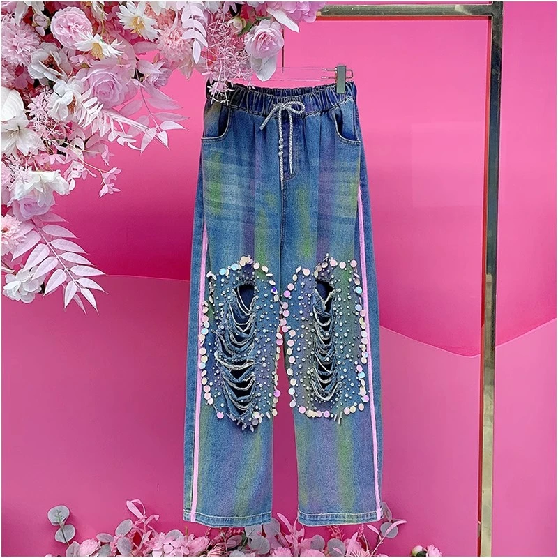 A1967欧美设计师2025夏季新款重工钉钻刺绣亮片破洞休闲牛仔裤女