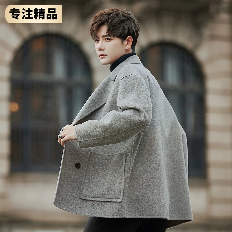 潮牌2024冬季男款羊毛夹克外套简约韩版宽松翻领中长款毛呢大衣黑