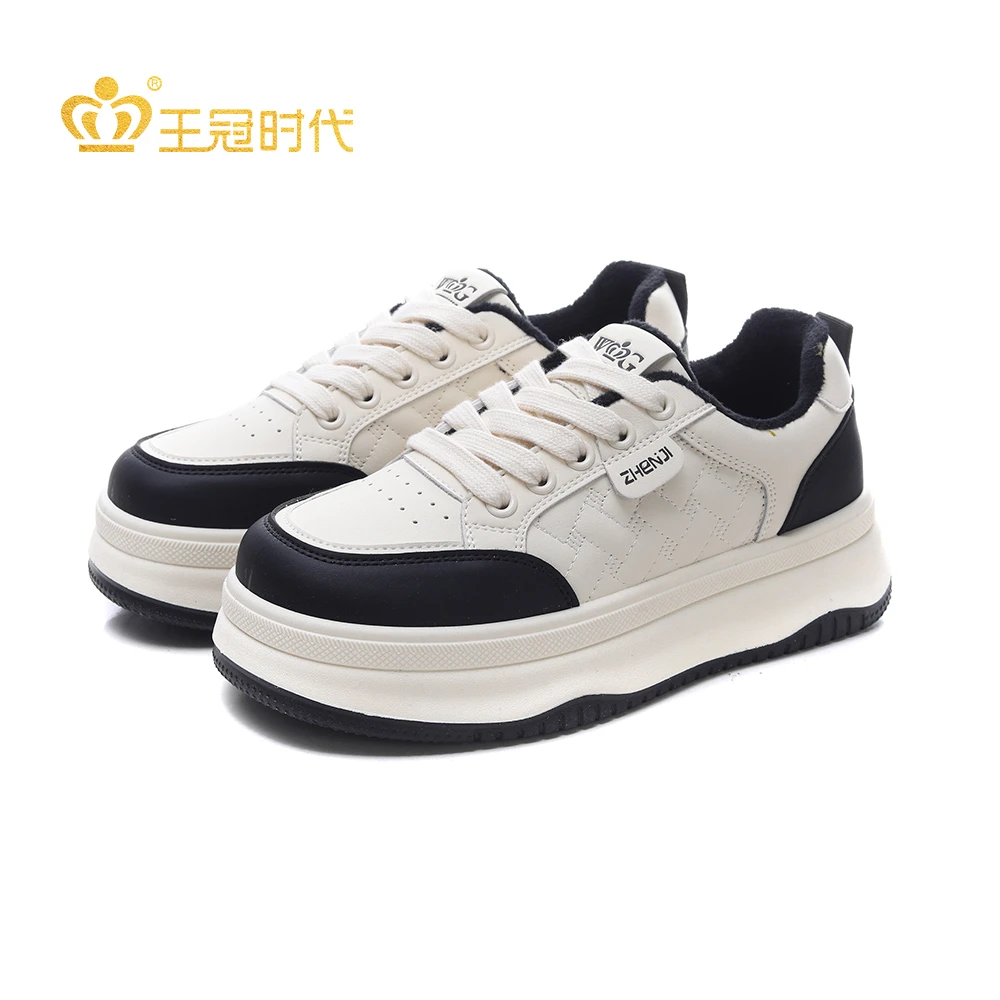 王冠女鞋运动休闲鞋2025冬季加绒保暖棉鞋小白鞋潮流风厚底