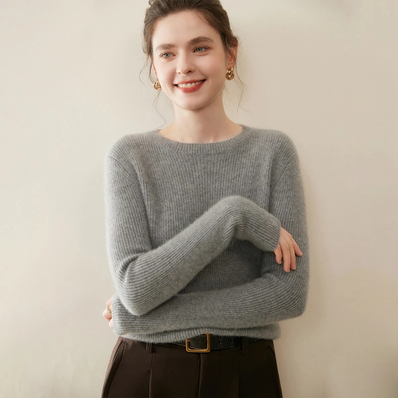 Y8553 女士100%山羊绒七针加厚抽条圆领针织衫修身显瘦时尚百搭