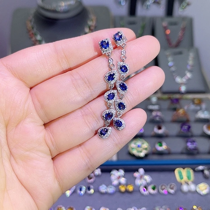 蓝宝石耳饰银S925镶嵌