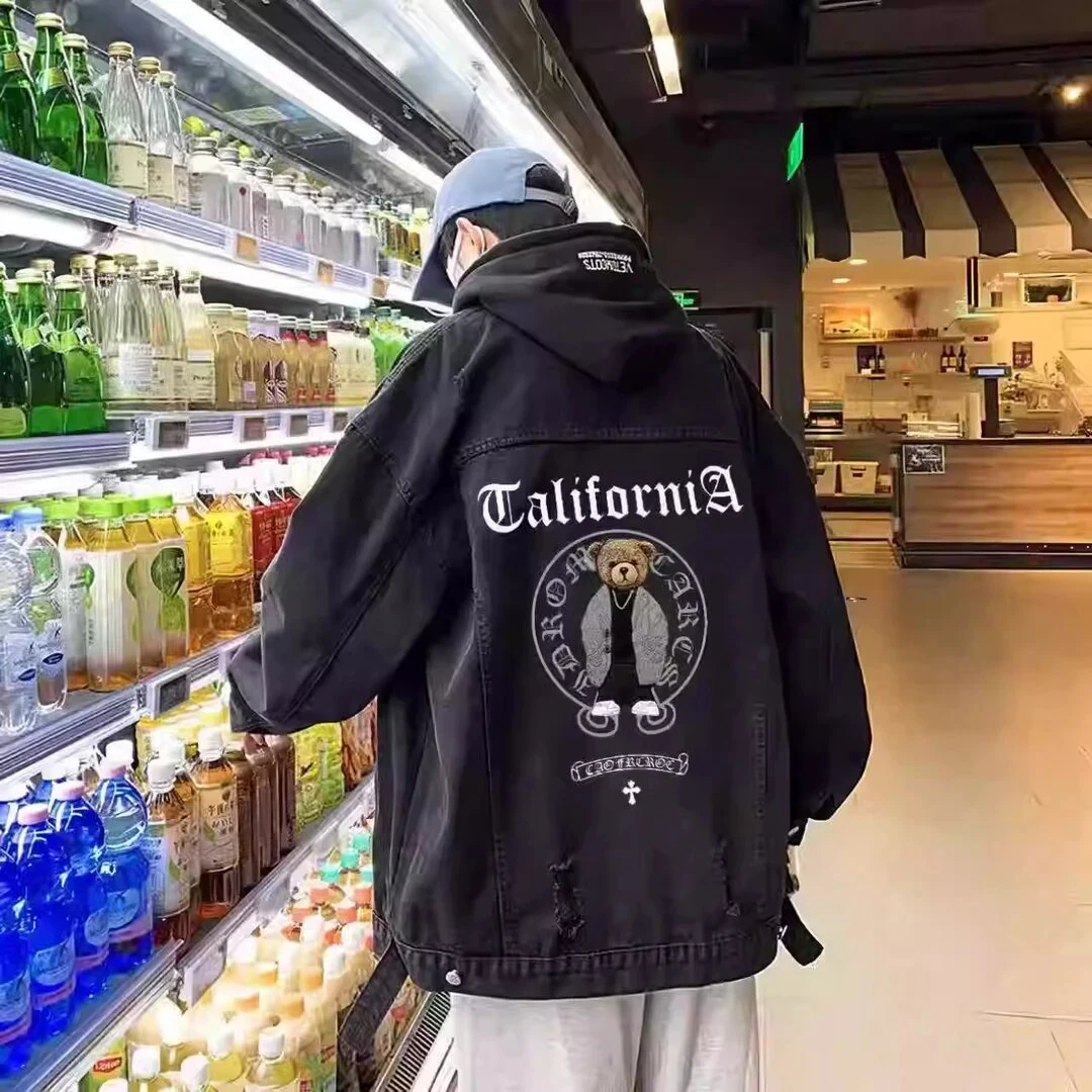 仓石一树春秋季款潮牌复古美式工装牛仔外套男生宽松休闲连帽夹克