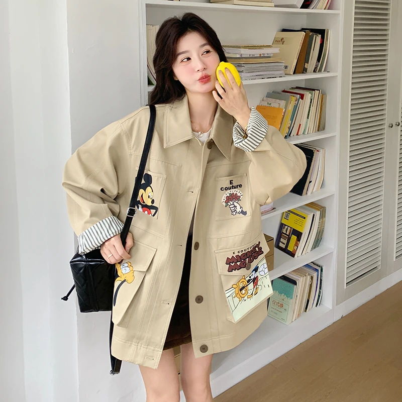 爆款英伦风撞色小翻领卡通印花女2025春季韩版气质休闲风衣