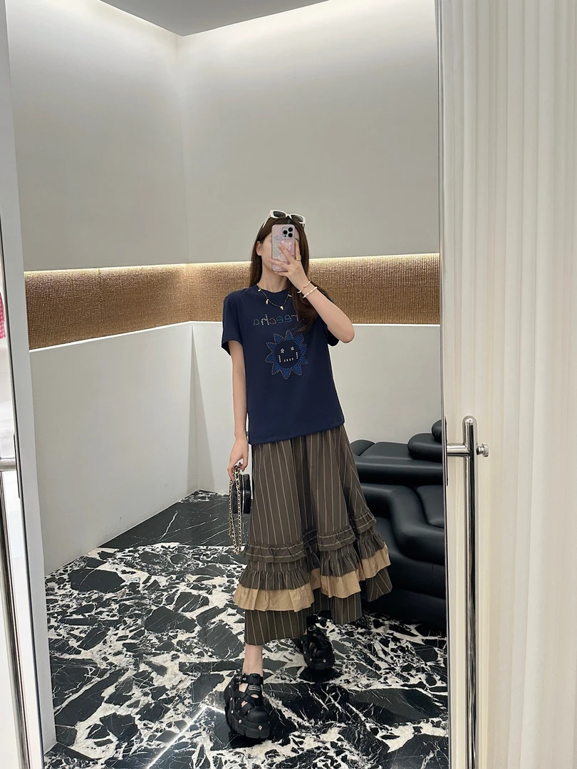 SERY 设计师品牌 小众新款卡其色条纹长裙