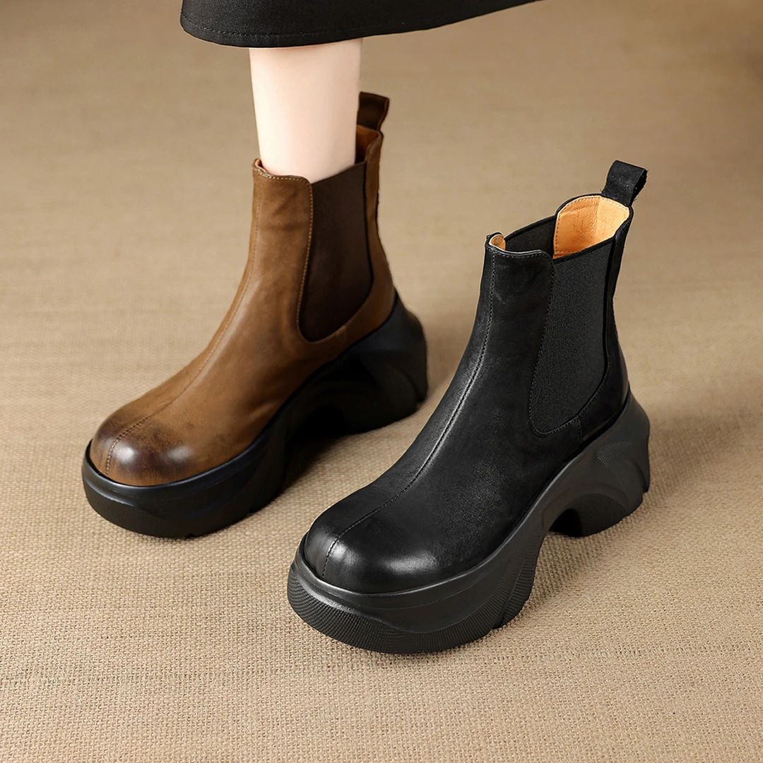 2025秋冬新款学院风英伦切尔西靴子厚底粗跟时尚高跟加绒棕色短靴