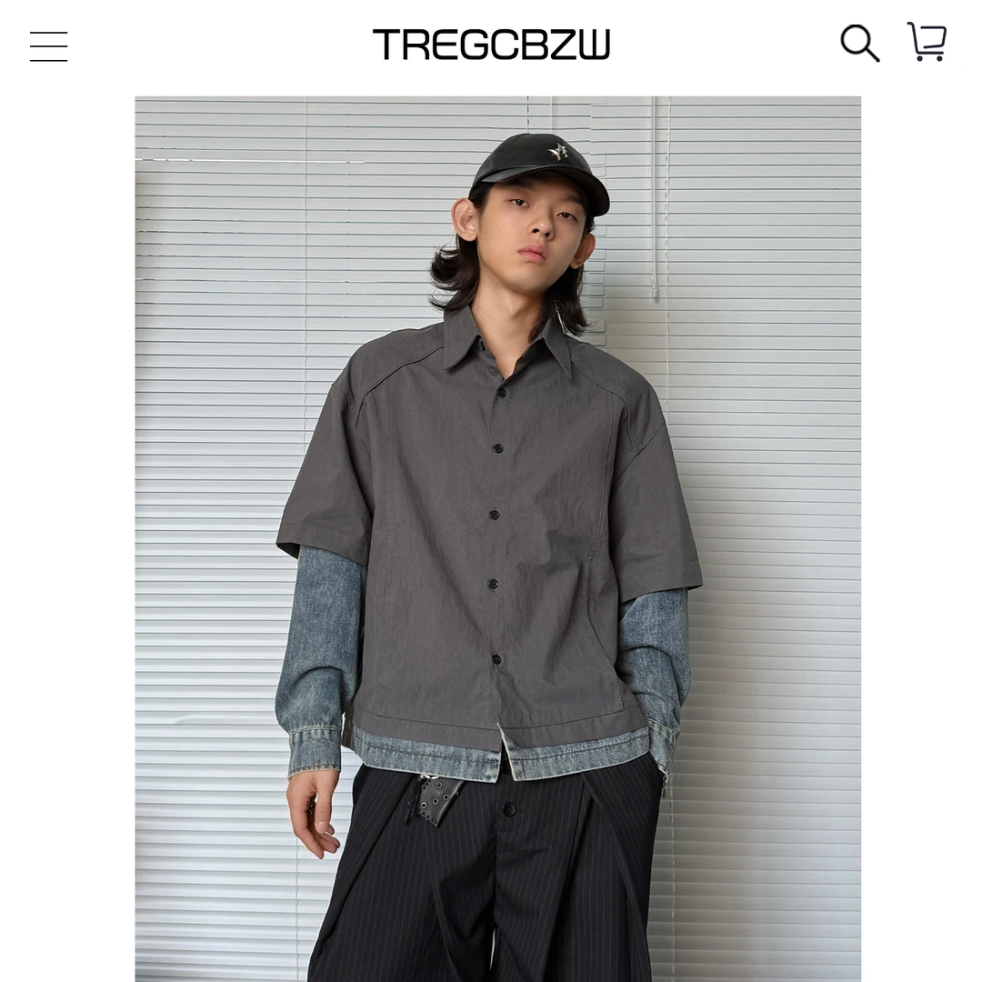 CBZW2025街头牛仔拼接长袖衬衫男美式痞帅小众休闲假两件衬衣外套