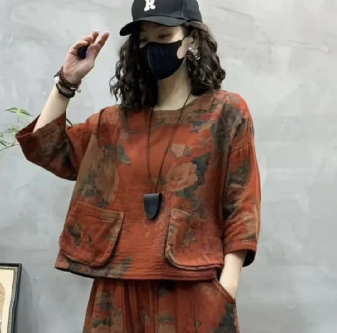 2025早秋季新款时尚七分袖圆领上【衣双口袋】潮流休闲女士上衣