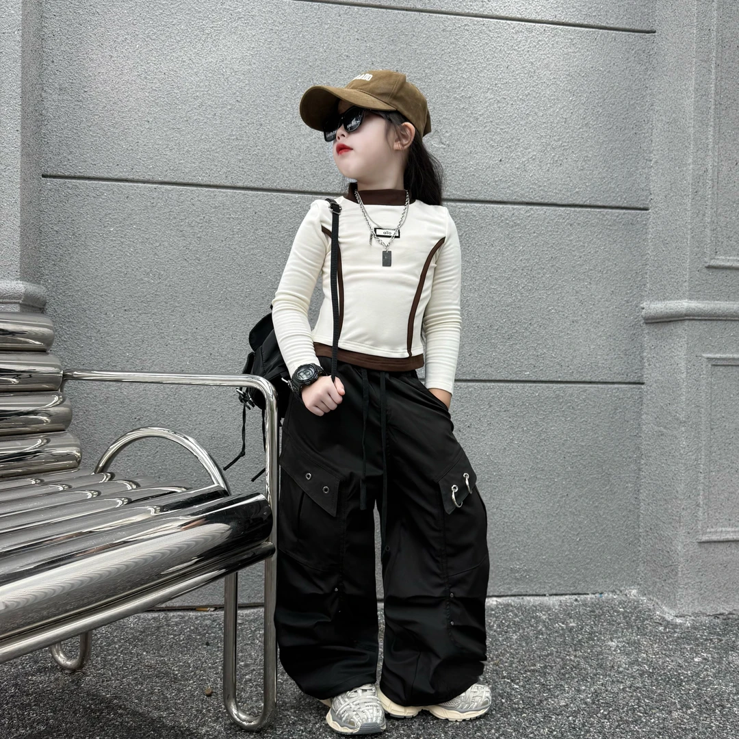 女童春秋季时髦潮酷休闲风工装裤阔腿裤儿童中大童修身显瘦长袖T