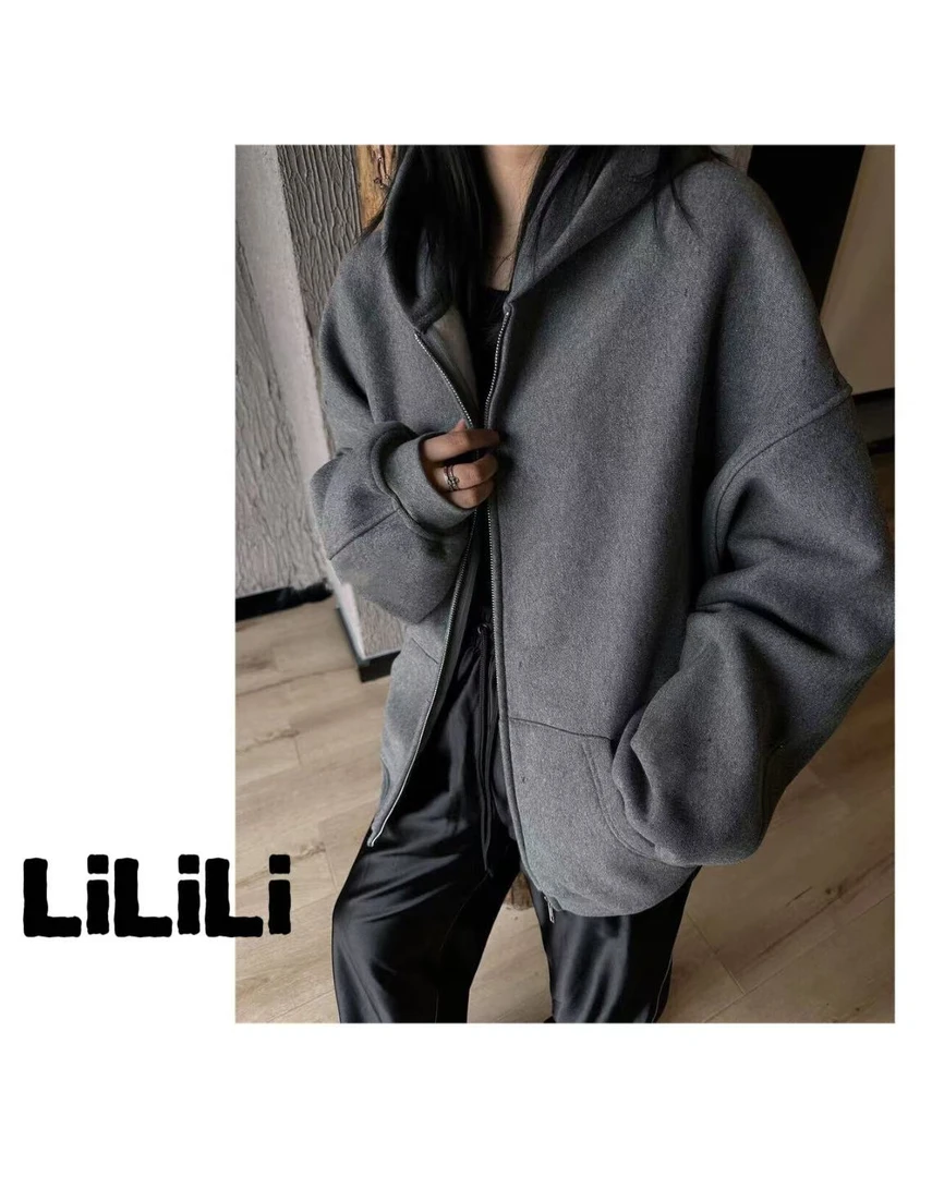 LiLi-「闪闪星河」重磅裁片拉链纯色基础宽松连帽休闲高级卫衣外套