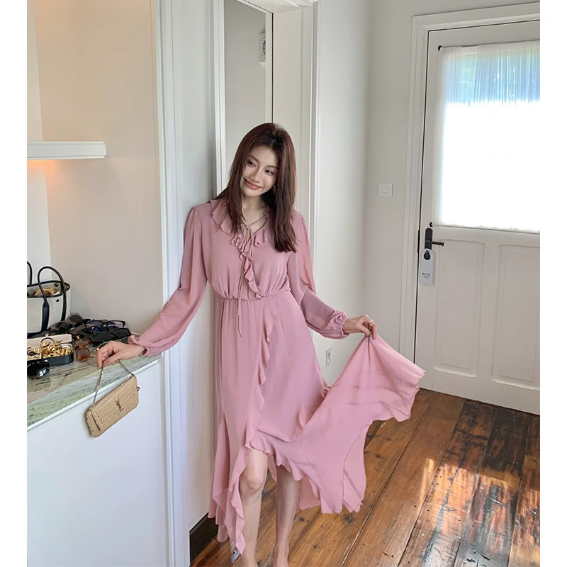 【ALONE SAVOR】龍喜儿一眼温柔早秋压褶木耳边连衣裙C190