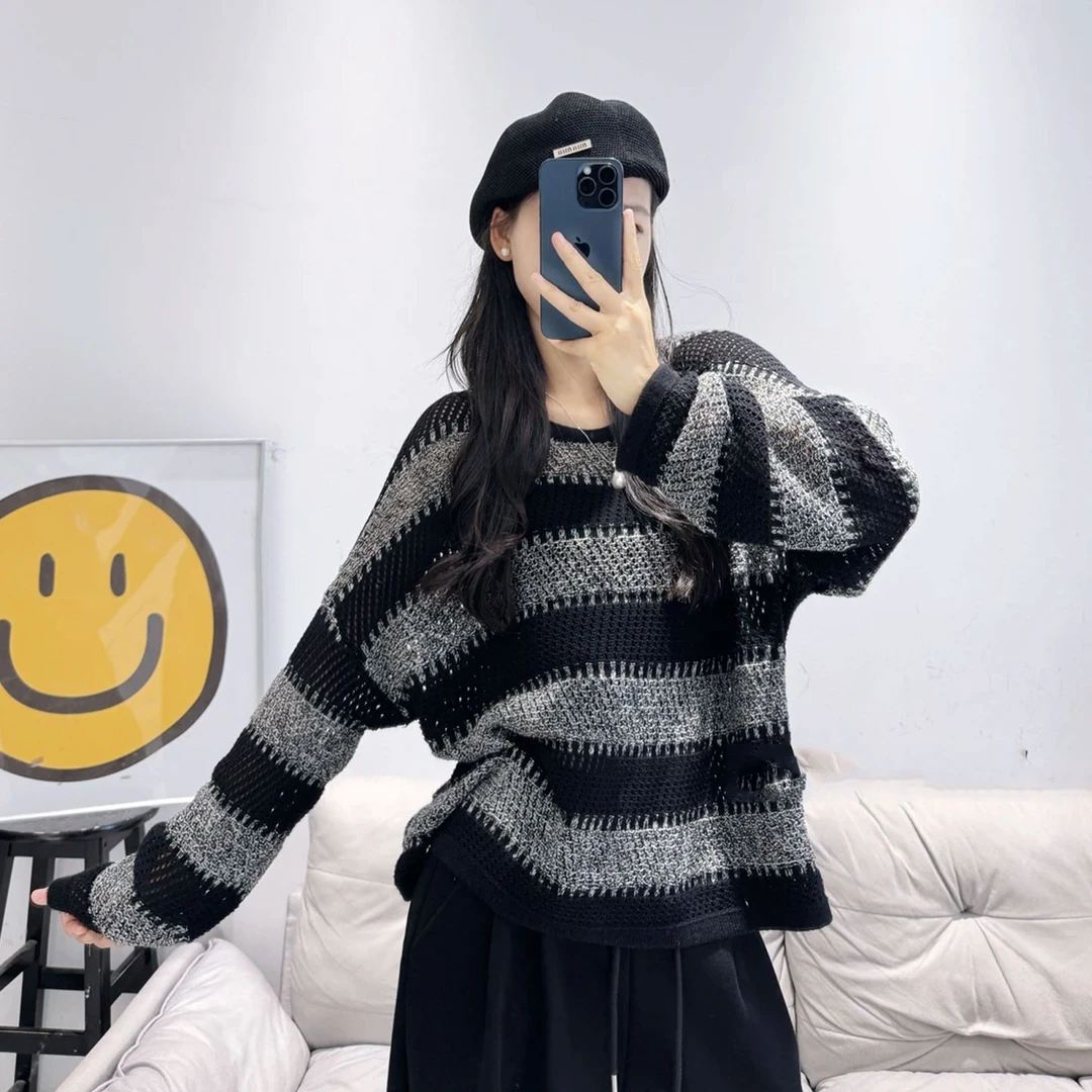 拉夏贝尔韩系穿搭条纹长袖套头毛衣女早秋季宽松高级感针织衫上衣