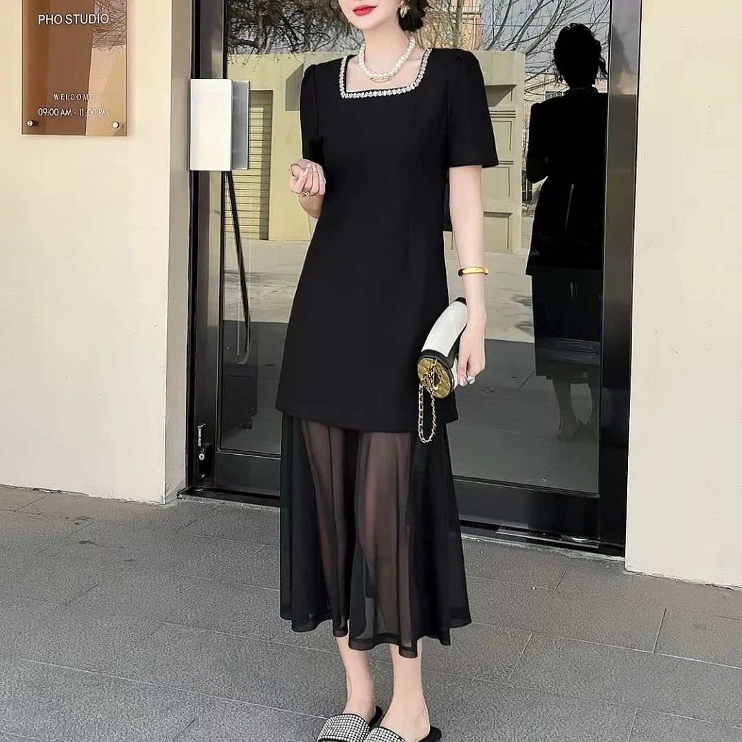 大码爆款胖夏季新款法式时尚气质网纱拼接连衣裙修身显瘦小黑裙