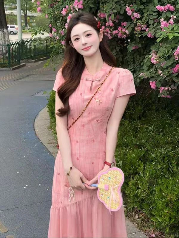 【袅袅江南】新中式晕染爱心刺绣旗袍夏新品假两件连衣裙碎花显瘦