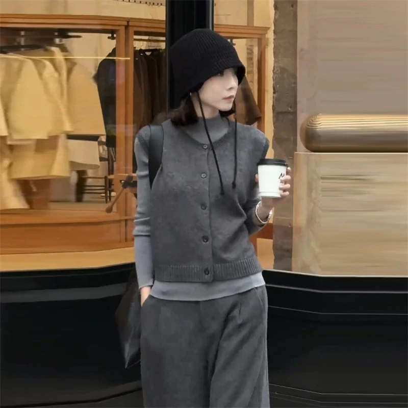 内搭两件套女针织开衫马甲背心外套叠穿打底衫套装盐系穿搭一整套