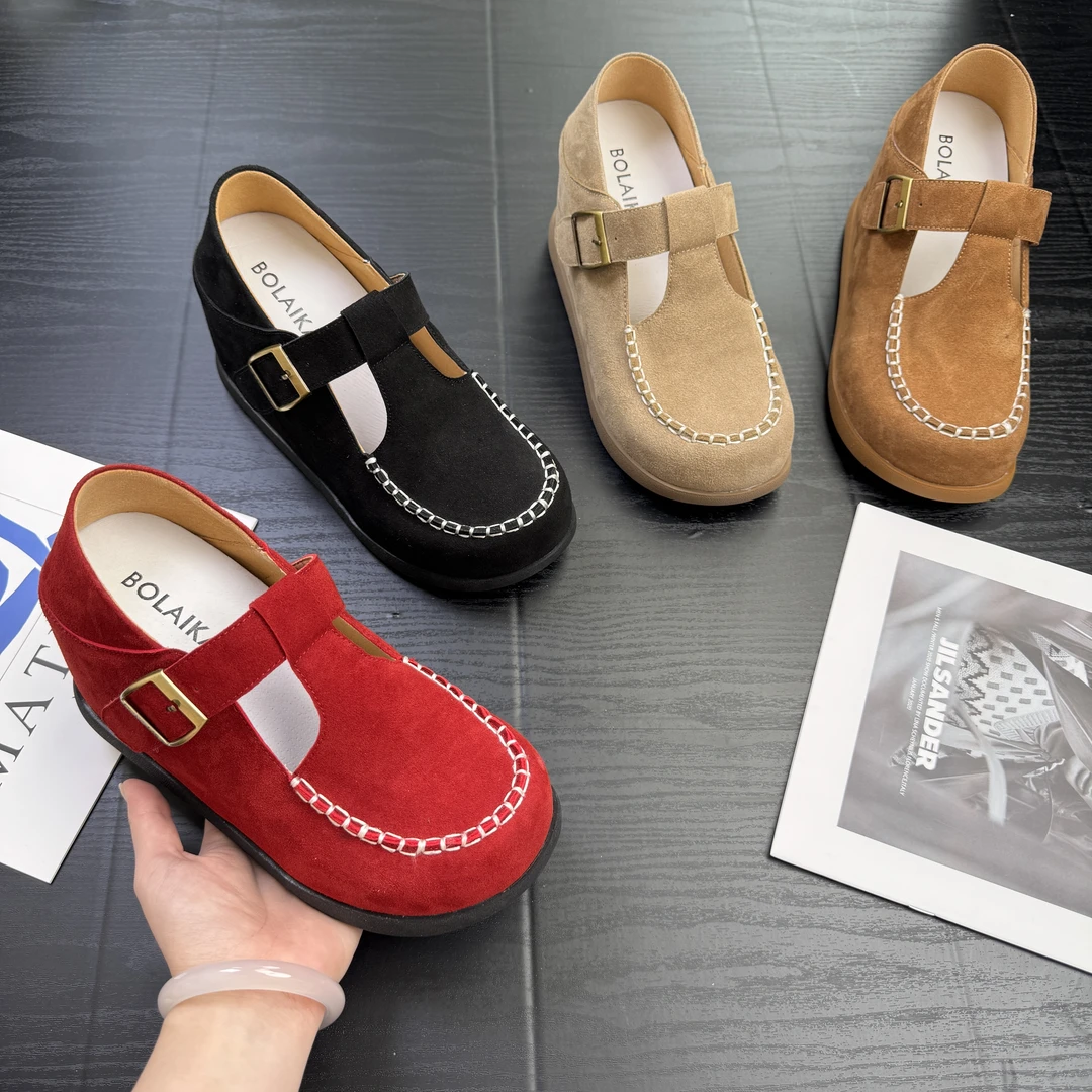 增高10cm2025春夏秋休闲全包勃肯单鞋内增高女鞋真皮百搭圆头女鞋