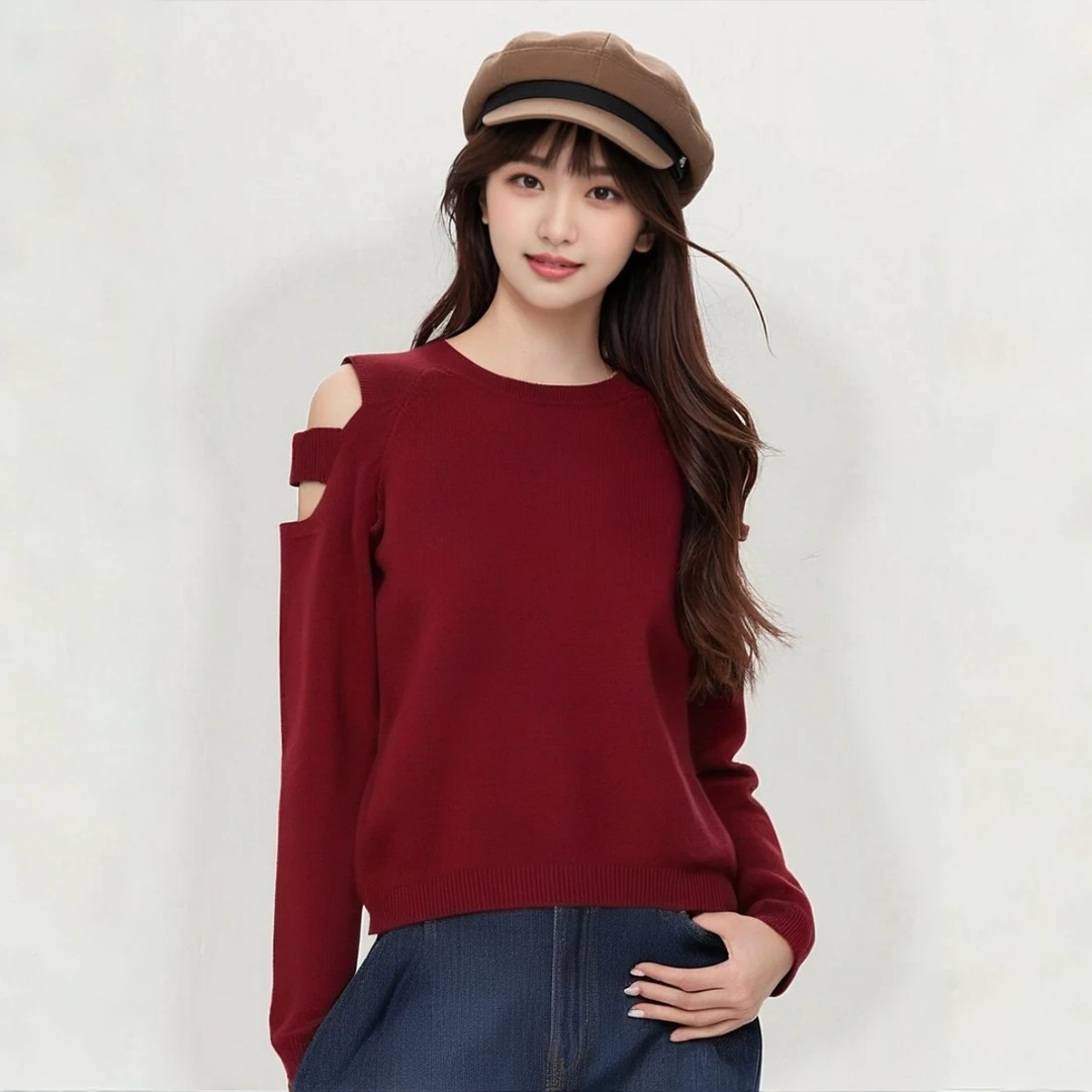 秋冬露肩圆领针织衫女内搭打外穿上衣慵懒风轻奢洋气小众炸街网红