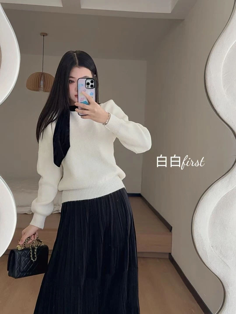 《白白first》法系穿搭千金感显瘦毛衣女秋冬气质百搭上衣针织纯色