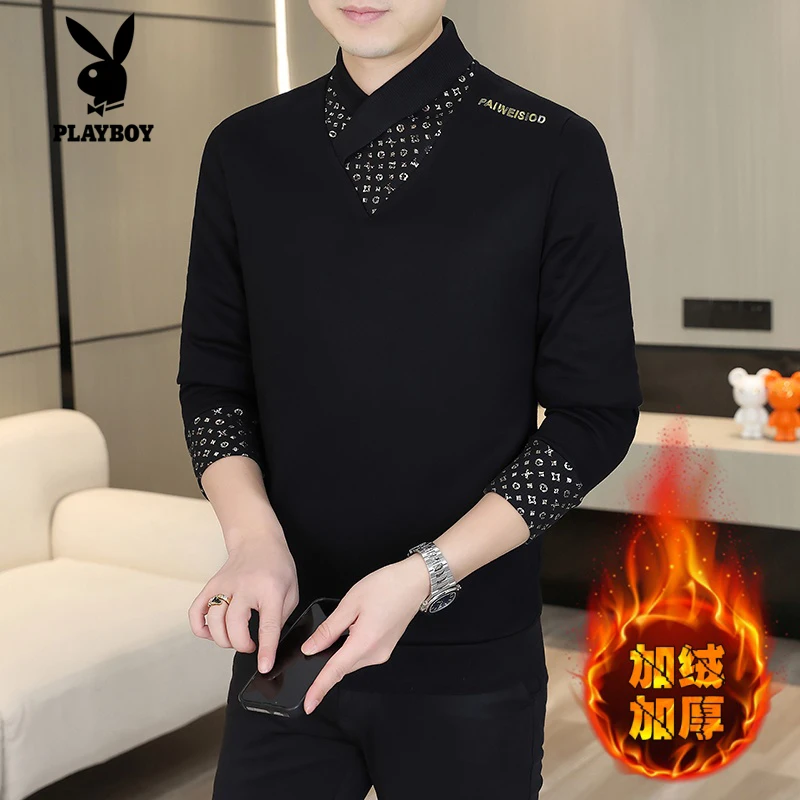 花花公子秋冬新款高档男士卫衣个性V领潮流毛衣时尚加厚休闲潮