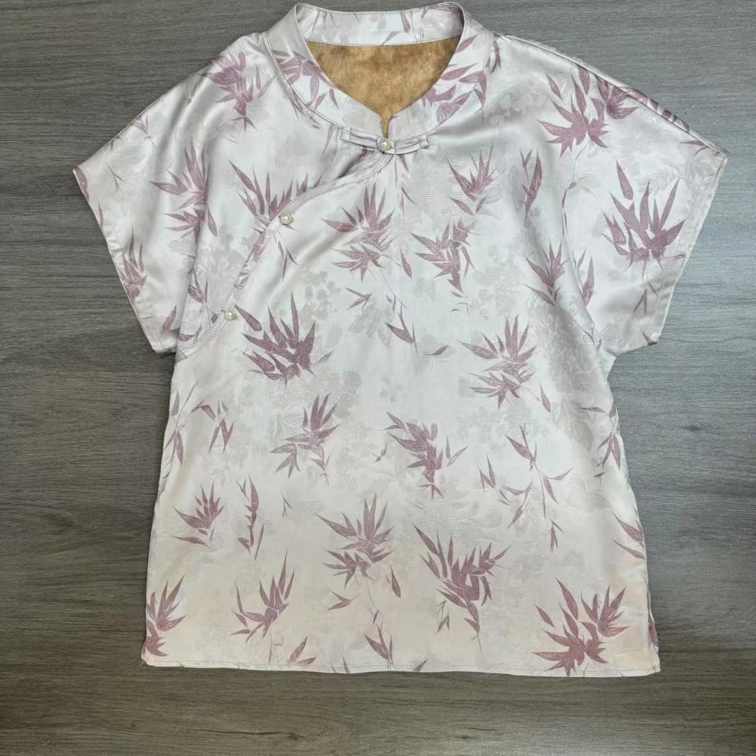【幂幂】立领薄款短袖套头花纹提花上衣小衫复古夏季极简风