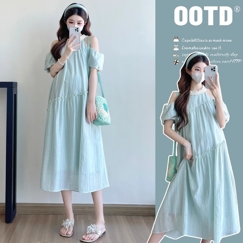 孕妇2025夏季新款法式超仙设计时尚气质露肩泡泡袖减龄孕妇连衣裙