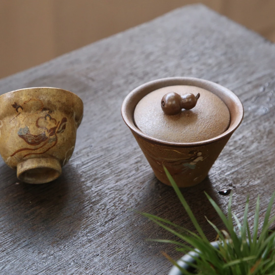 敦煌飞天·盖碗·五彩泥绘 原矿紫泥柴烧葫芦杯100CC