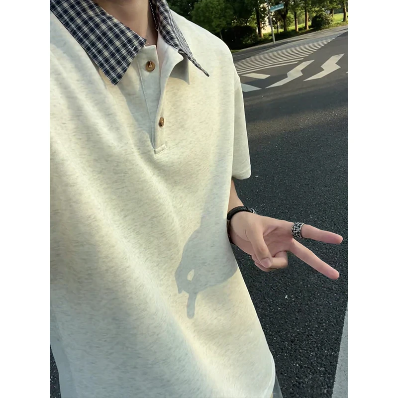 美式假两件拼接polo衫短袖男女夏季设计感翻领格子衬衫领t恤半袖