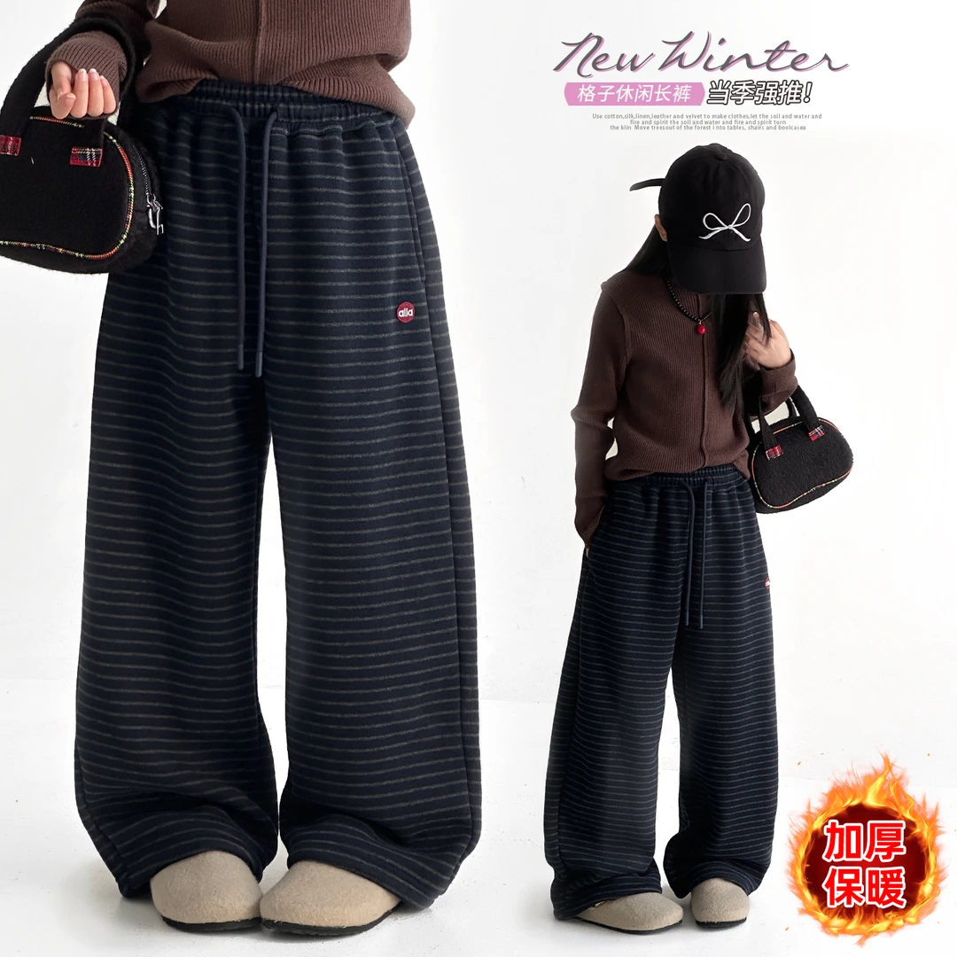 女童秋冬款韩版休闲加绒加厚条纹裤子女大童长裤儿童秋装阔腿裤潮