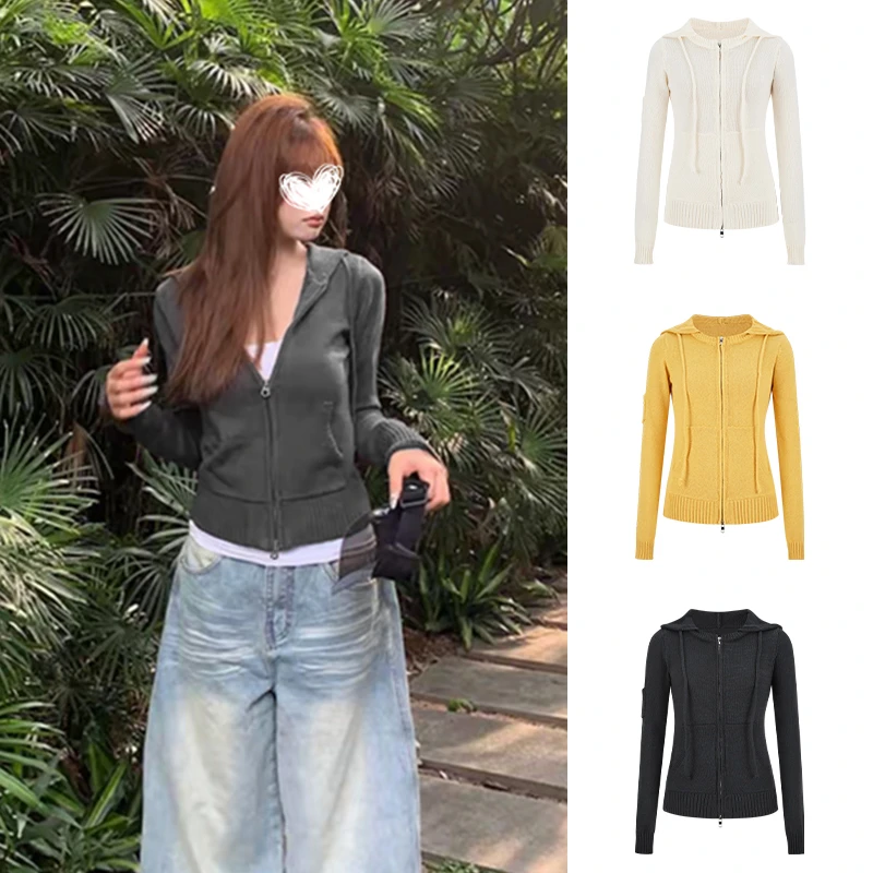 MosesQueen/魔西女王 美式复古针织连帽卫衣辣妹毛衣开衫外套