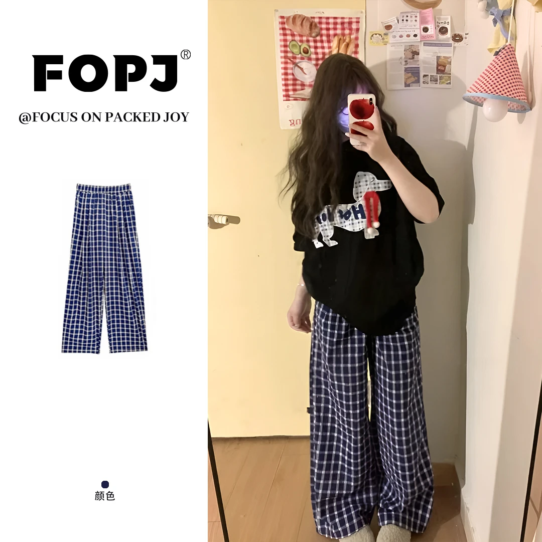 FOPJ美式学院风慵懒感复古松紧腰格子裤女夏季百搭宽松显瘦阔腿裤