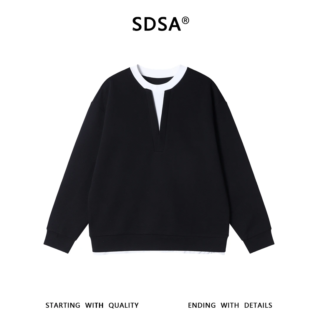 SDSA男士秋冬新款痞帅男装韩版拼接撞色假两件圆领卫衣百搭时尚