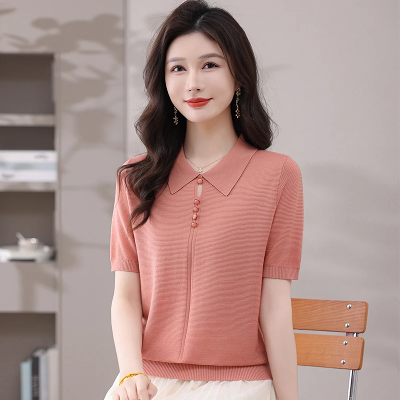 时尚妈妈夏装翻领天丝短袖t恤女2025新款高档洋气针织衫正肩上衣