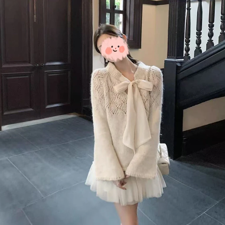 zy@83511 韩系温柔百搭甜美蝴蝶结宽松针织衫上衣 9-15