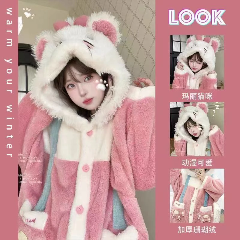 玛丽猫珊瑚绒睡袍女秋冬季少女甜美加厚保暖中长款连帽浴袍可外穿