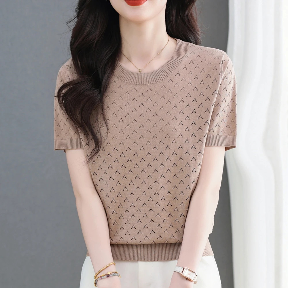 【天丝】夏季女士宽松显瘦圆领镂空钩花减龄短袖薄款上衣针织T恤衫