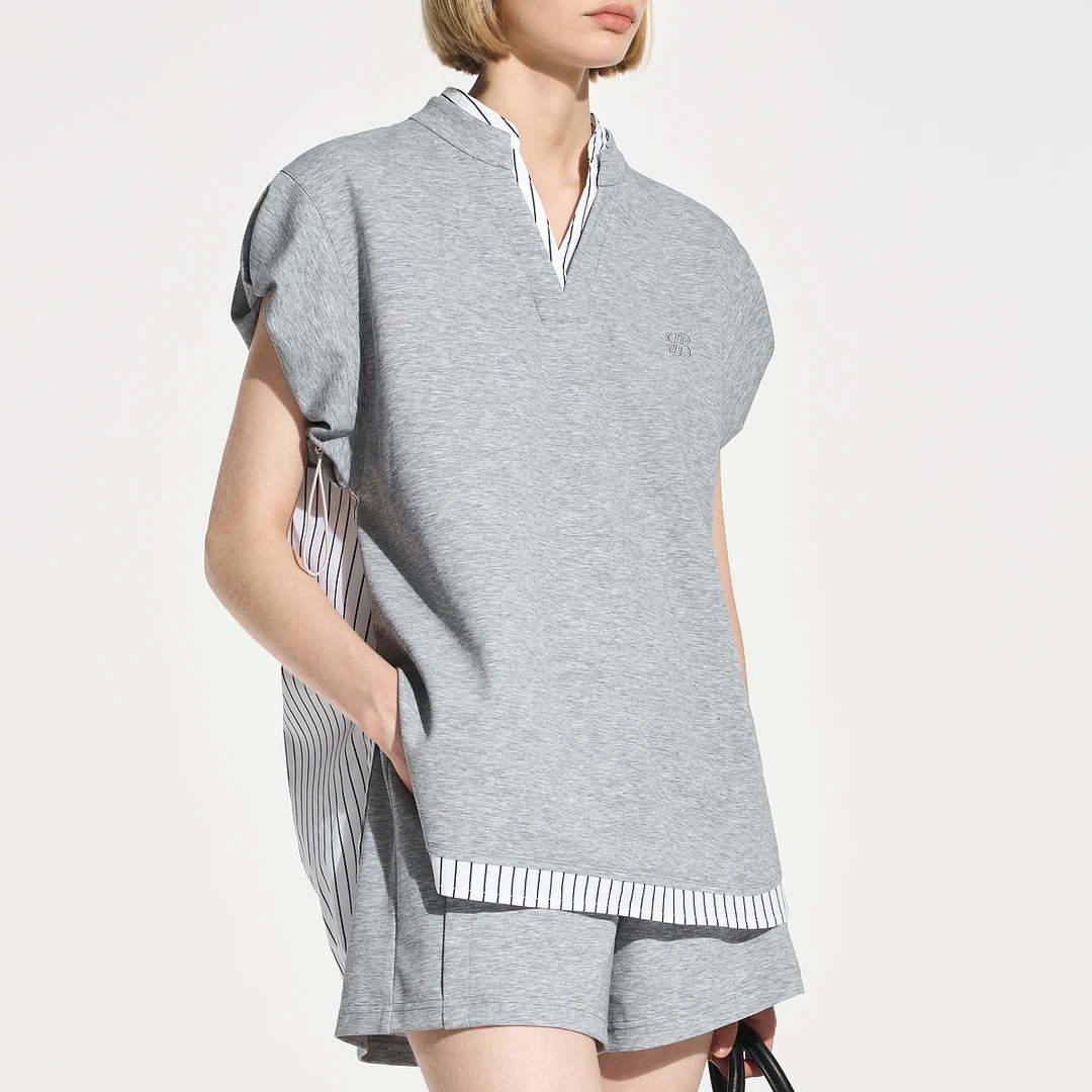 贝茜妮【松驰休闲主义】撞色条纹设计感假两件V领T恤女