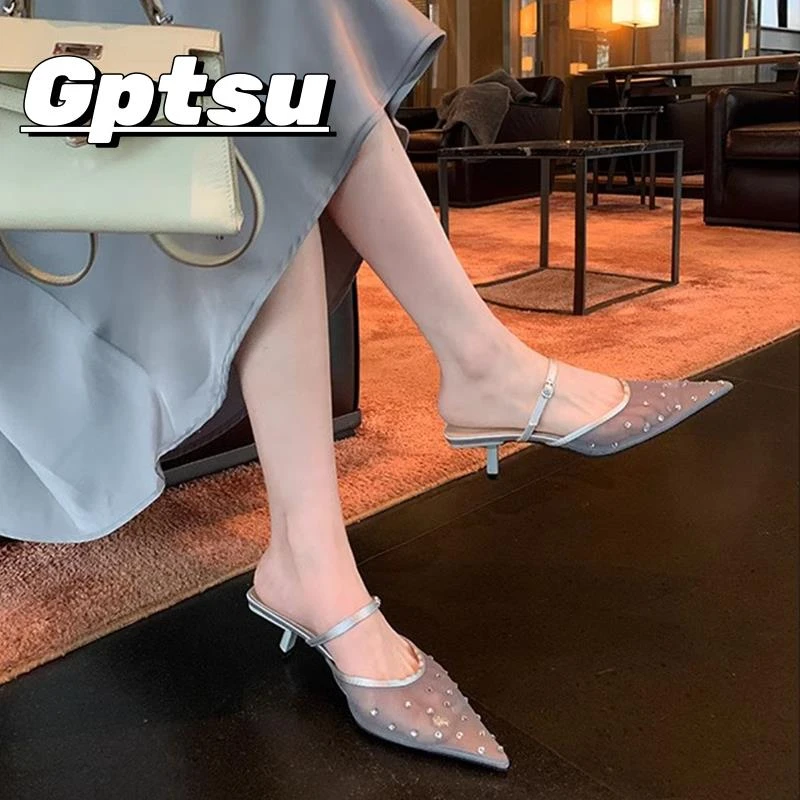 GPTSu气质尖头后空包头凉鞋女夏季外穿一字带网纱细跟高跟半拖鞋