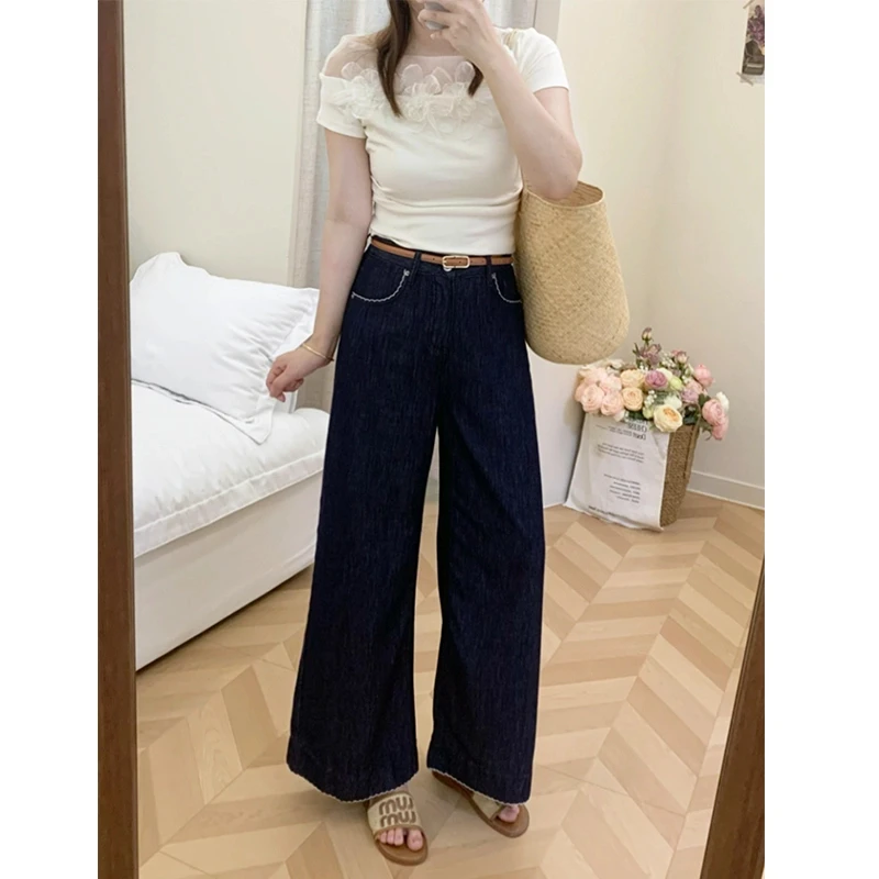 夏日凉凉裤～薄款直筒牛仔裤防掉色丹宁蓝色小个子显瘦遮胯
