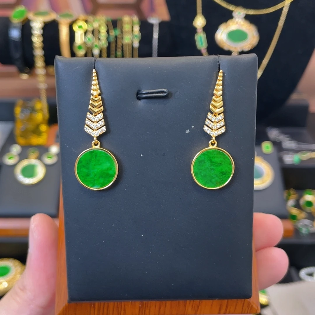 翡翠银S925镀金镶嵌耳饰