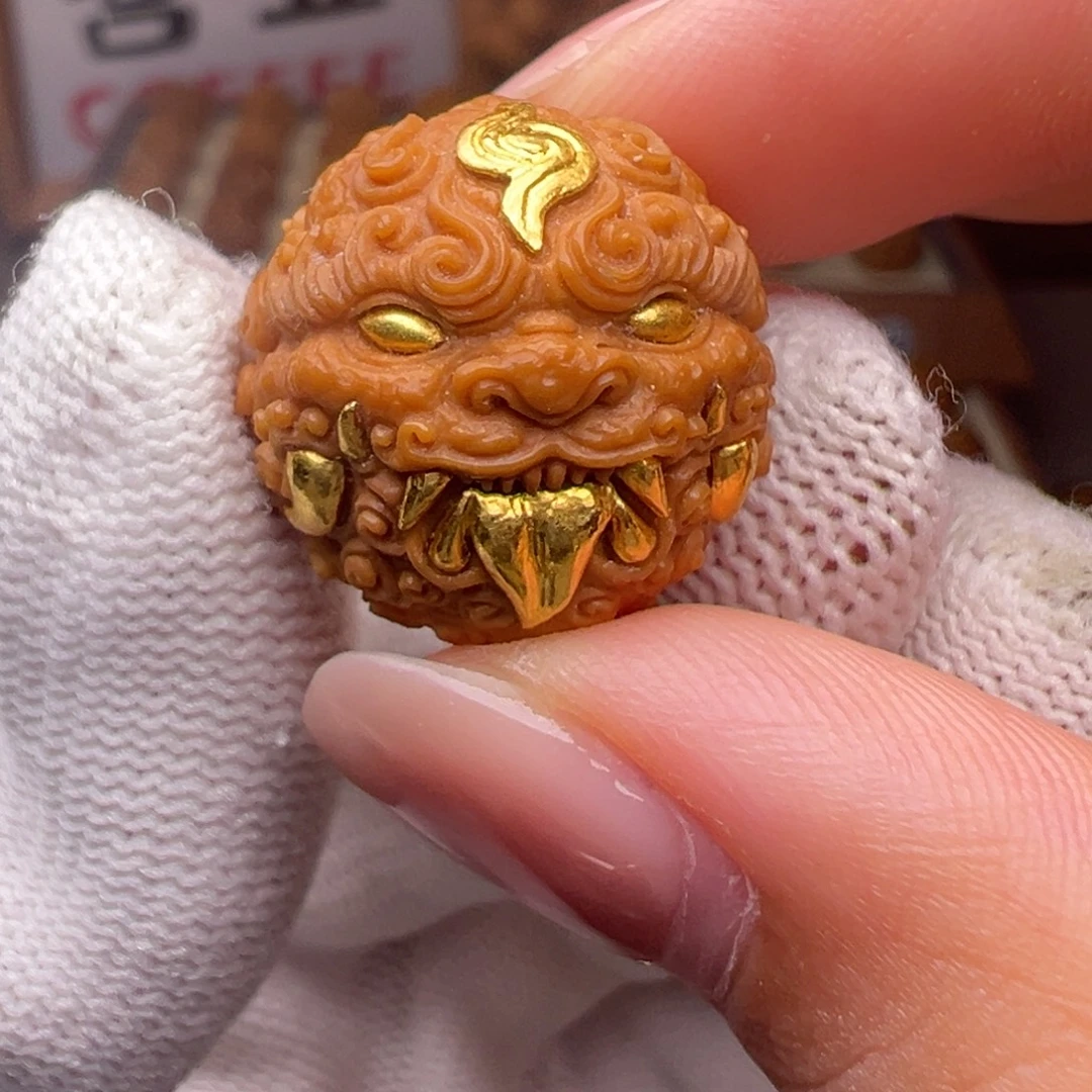 猴头核桃把件精修镶嵌金唐狮全品有正常封口线